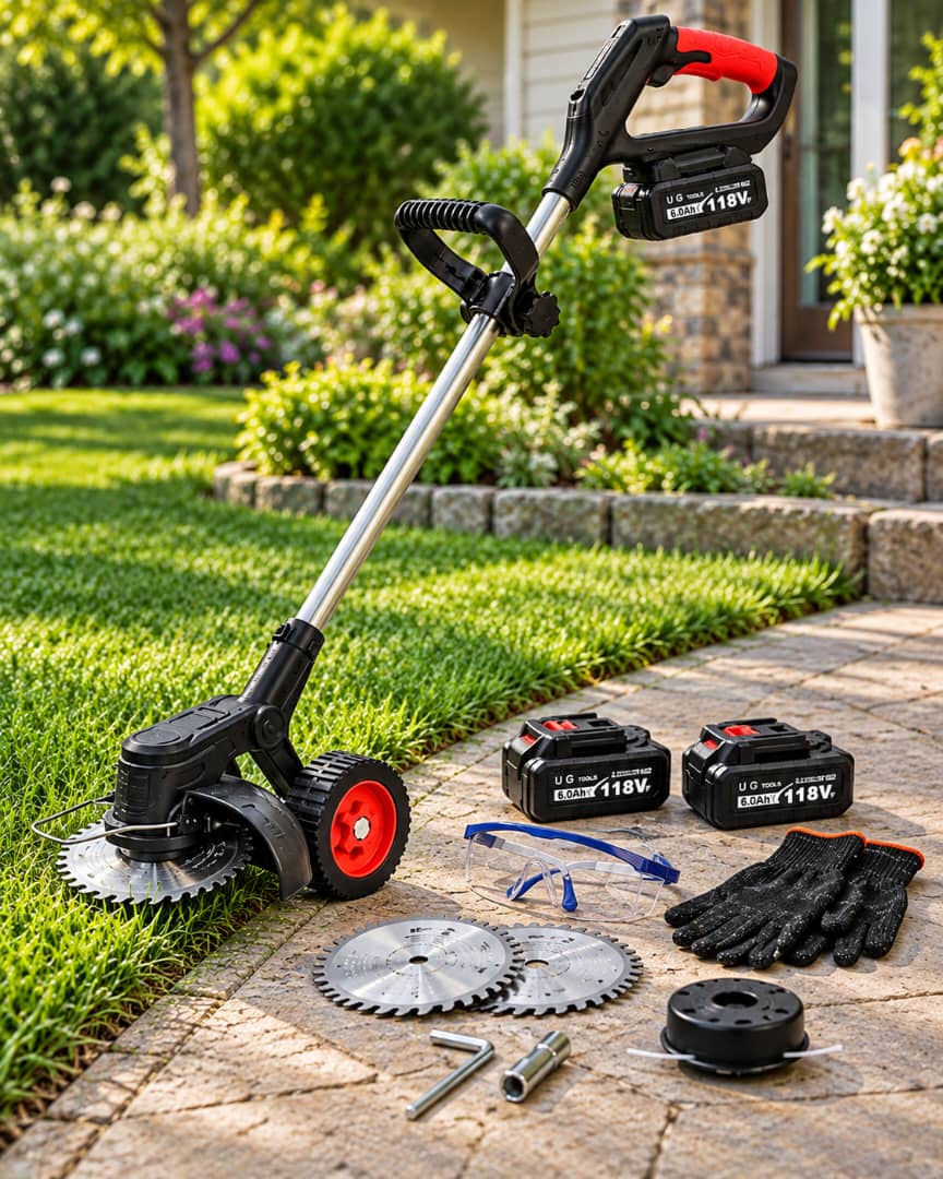 TrimPro cordless grass cutter with a complete 2-battery set